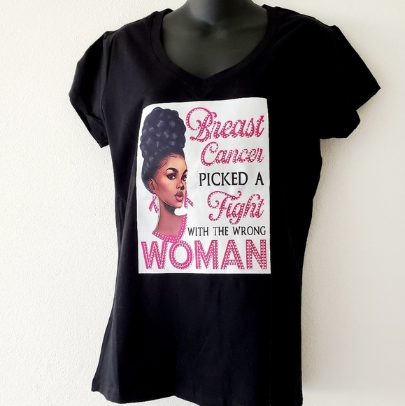 Women "Breast Cancer" Graphic Black V-Neck T-Shirt Size 1X - Picture 2 of 7